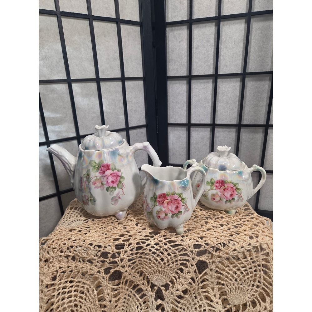 Vintage Iridescent Lusterware Tea Set Pink Rose Porcelain Teapot Creamer Sugar